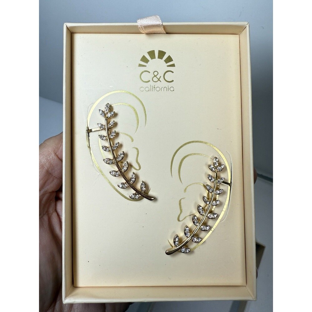 C&C California Goldtone Crystal Rhinestone Leaf Ear Climber Crawlers New